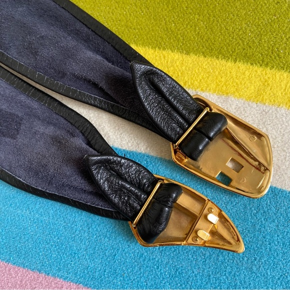 Vintage M&S St Michael Black Soft Leather Wide Belt Large Buckle Fits 10 12 31” - Picture 6 of 6